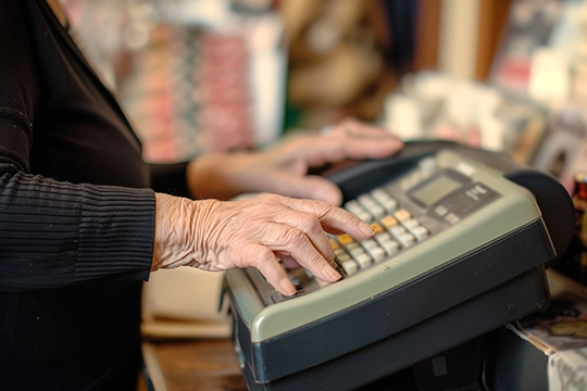 Starsza osoba obsługująca kasę fiskalną w sklepie.